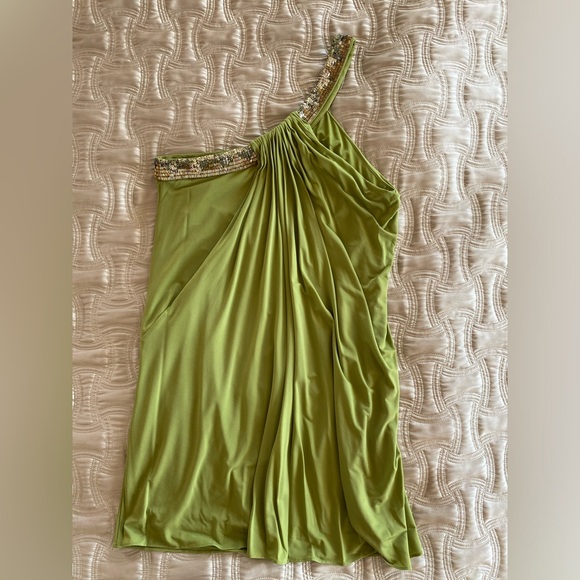 BCBG MaxAzria mini dress one shoulder, olive sz4 gold/silver embellishedLike new - Picture 2 of 12